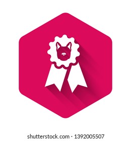 White Dog award symbol icon isolated with long shadow. Medal with dog footprint as pets exhibition winner concept. Pink hexagon button. Vector Illustration