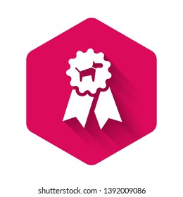 White Dog award symbol icon isolated with long shadow. Medal with dog footprint as pets exhibition winner concept. Pink hexagon button. Vector Illustration