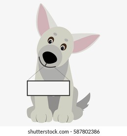 White dog with blank table. Cartoon character. Children toy. Cute pet. Flat vector stock illustration