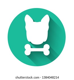 White Dog and bone icon isolated with long shadow. Pets food symbol. Green circle button. Vector Illustration