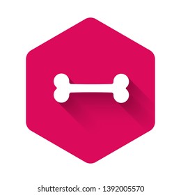 White Dog bone icon isolated with long shadow. Pets food symbol. Pink hexagon button. Vector Illustration