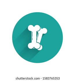 White Dog bone icon isolated with long shadow. Pets food symbol. Green circle button. Vector Illustration