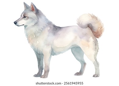 A white dog with a brown tail is standing on a white background. The dog has a serious expression on its face