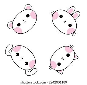 White dog, cat kitten, bear, rabbit, hare, grizzly head face set. Doodle linear sketch frame. Pink cheeks. Cute cartoon character. Contour outline. Pet animal collection. Baby background. Vector