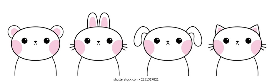 White dog, cat kitten, bear, rabbit, hare, grizzly head face set. Doodle linear sketch. Pink cheeks. Cute cartoon character. Contour outline. Pet animal collection. Baby background. Vector