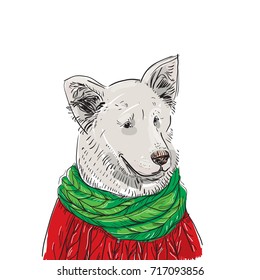 White dog in a Christmas red knitted sweater and a green scarf. Shepherd. Sketch drawing. Black contour isolated on a white background. Vector