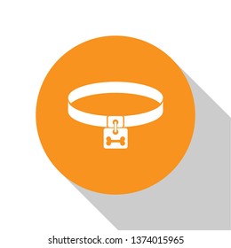 White Dog collar with name tag and bone plaque icon isolated on white background. Supplies for domestic animal. Cat and dog care. Pet dog chains. Orange circle button. Vector Illustration