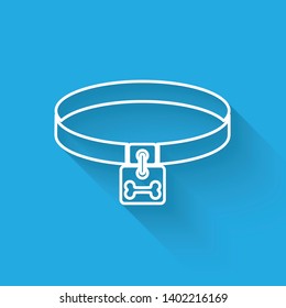 White Dog collar with name tag and bone plaque line icon isolated with long shadow. Supplies for domestic animal. Cat and dog care. Pet dog chains. Vector Illustration