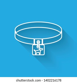 White Dog collar with name tag line icon isolated with long shadow. Simple supplies for domestic animal. Cat and dog care. Pet dog chains. Vector Illustration