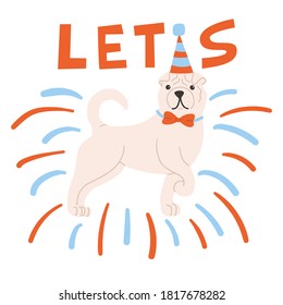 White dog in a festive cap with bow tie around his neck and raised paw. Gift card, congratulation, party invitation. Shar Pei in standing pose around spark of fireworks. Vector had drawing