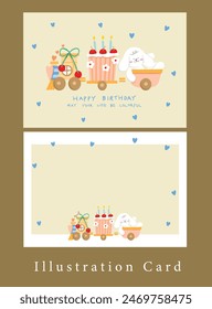 a white dog with flower and pink birthday cake on train frame , birthday greeting card decoration for blessings , cute background.