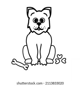 White dog, food, bone, with a black stroke, drawing on a white background, for design, coloring, printing