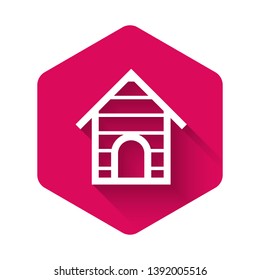 White Dog house icon isolated with long shadow. Dog kennel. Pink hexagon button. Vector Illustration