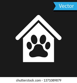 White Dog House And Paw Print Pet Icon Isolated On Black Background. Dog Kennel. Vector Illustration