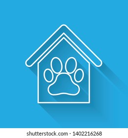 White Dog house and paw print pet line icon isolated with long shadow. Dog kennel. Vector Illustration