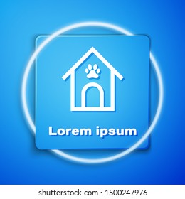 White Dog house and paw print pet icon isolated on blue background. Dog kennel. Blue square button. Vector Illustration