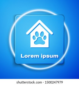 White Dog house and paw print pet icon isolated on blue background. Dog kennel. Blue square button. Vector Illustration