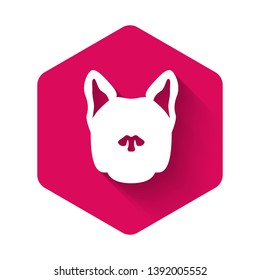 White Dog icon isolated with long shadow. Pink hexagon button. Vector Illustration