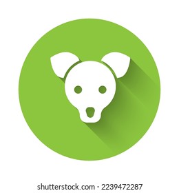 White Dog icon isolated with long shadow. Green circle button. Vector