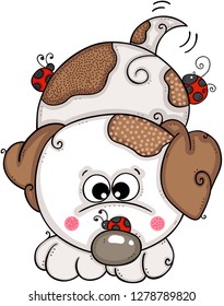 White dog with ladybugs