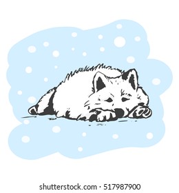 White dog lying in the snow. Winter vector illustration