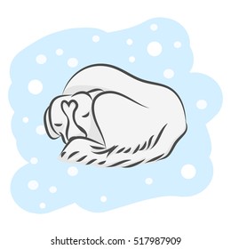 White dog lying in the snow. Winter vector illustration