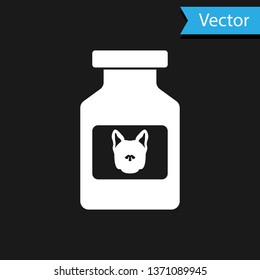 White Dog medicine bottle icon isolated on black background. Container with pills. Prescription medicine for animal. Vector Illustration