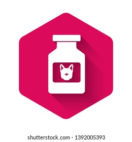 White Dog medicine bottle icon isolated with long shadow. Container with pills. Prescription medicine for animal. Pink hexagon button. Vector Illustration