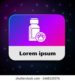 White Dog medicine bottle icon isolated on black background. Container with pills. Prescription medicine for animal. Rectangle color button. Vector Illustration
