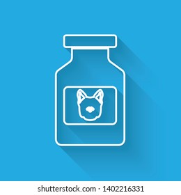 White Dog medicine bottle line icon isolated with long shadow. Container with pills. Prescription medicine for animal. Vector Illustration