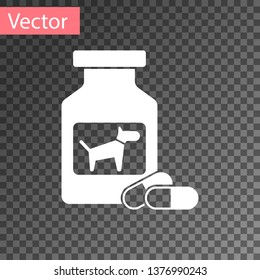 White Dog medicine bottle and pills icon isolated on transparent background. Container with pills. Prescription medicine for animal. Vector Illustration