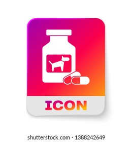 White Dog medicine bottle and pills icon isolated on white background. Container with pills. Prescription medicine for animal. Rectangle color button. Vector Illustration