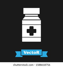 White Dog medicine bottle and pills icon isolated on black background. Container with pills. Prescription medicine for animal.  Vector Illustration