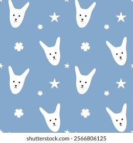 White dog on blue background, fabric pattern, gift wrapping paper, notebook cover pattern , seamless pattern 