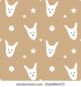 White dog on brown background, fabric pattern, gift wrapping paper, notebook cover pattern , seamless pattern 