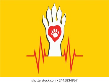 white dog paw with a red heart, dog paw print and red cardiogram lines on the sides