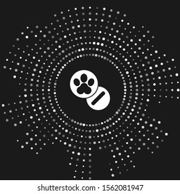 White Dog and pills icon isolated on grey background. Prescription medicine for animal. Abstract circle random dots. Vector Illustration