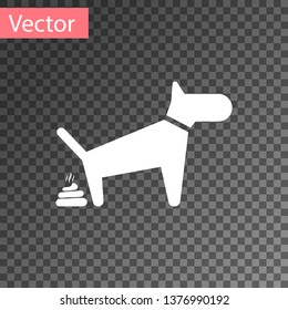 White Dog pooping icon isolated on transparent background. Dog goes to the toilet. Dog defecates. The concept of place for walking pets. Vector Illustration