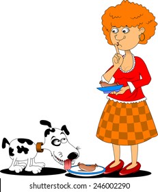 white dog ready to eat a large sausage, vector