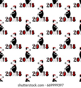 white Dog with red hat and cane sing or symbol 2018 . isolated. vector.