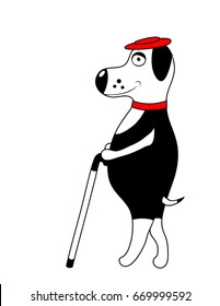 white Dog with red hat and cane. isolated. vector.