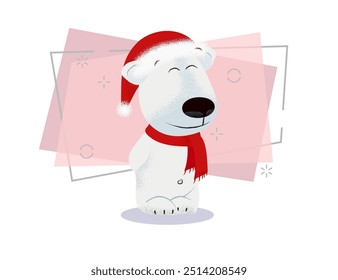 White dog in red scarf and Santa hat. Christmas concept. Vector illustration can be used for Xmas banner design, festive posters, greeting cards, party invitations