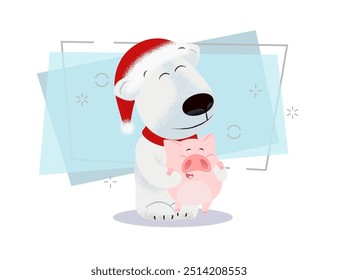 White dog in red scarf and Santa hat holding pig. Christmas concept. Vector illustration can be used for Xmas banner design, festive posters, greeting cards, party invitations