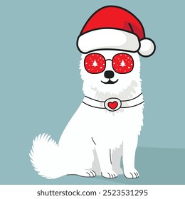 White Dog with Santa Hat Vector | Christmas-Themed Dog Clipart | Festive Pet Illustration | White Dog in Santa Hat and Glasses | Christmas Dog in Santa Hat Vector Art