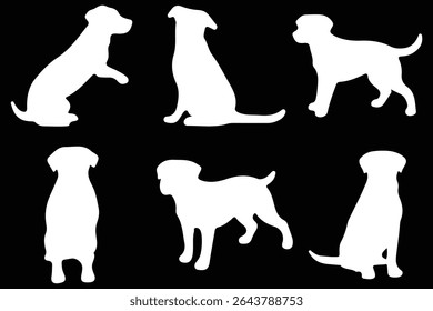 White dog silhouette collection isolated on black background. Eps 10
