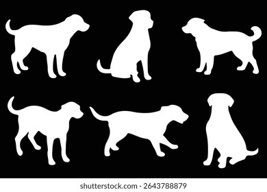 White dog silhouette collection isolated on black background. Eps 10