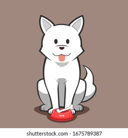 White dog standing behind a food bowl with bone inside it