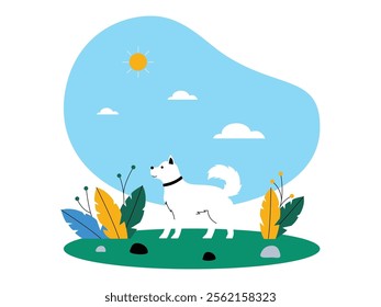 White dog standing on green grass, bright blue sky with small white clouds, there are green plants with leaves, pleasant natural atmosphere, ecosystem vector illustration.