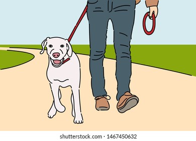A white dog is taking a walk with his master. hand drawn style vector design illustrations.