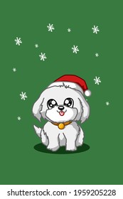 A white dog wearing christmas hat on green background